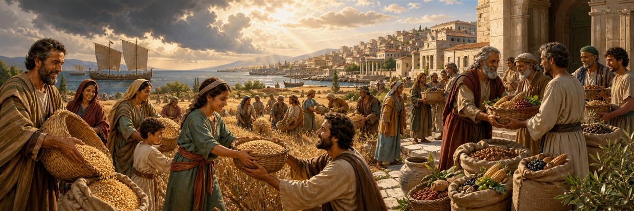 Families sowing and harvesting grain while full baskets are joyfully passed to people in need